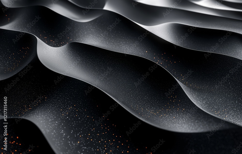 Poster black and white abstract image showcasing a futuristic architecture idea with wavy lines and grid st