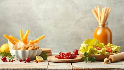 Healthy Snack Variety Cheese Crisps, Mini Pies, Salad, and Cranberries on Rustic Wooden Table