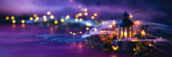 Obraz premium Enchanting Halloween Lantern Spooky Night Scene Mystical Lights