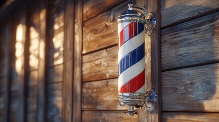 Barber shop pole on wooden wall, sunset light