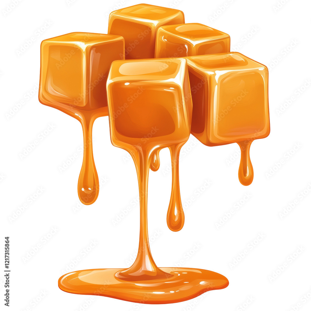 Poster a digital illustration shows several melted caramel cubes with dripping caramel forming a puddle bel