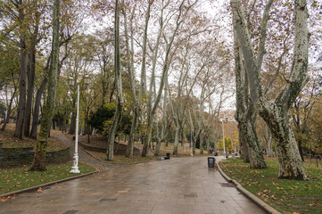 View of historical urban Gulhane Park in the Eminonu district of Istanbul, Turkey. Cloudy day