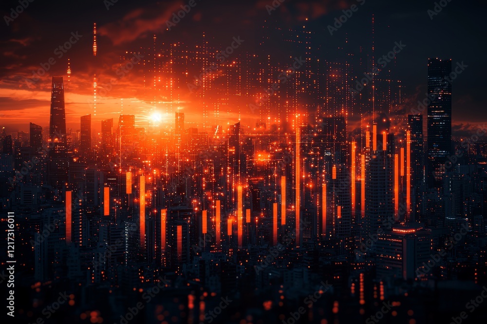 Poster nighttime urban view with blurred lights and graph lines, illustrating data analysis