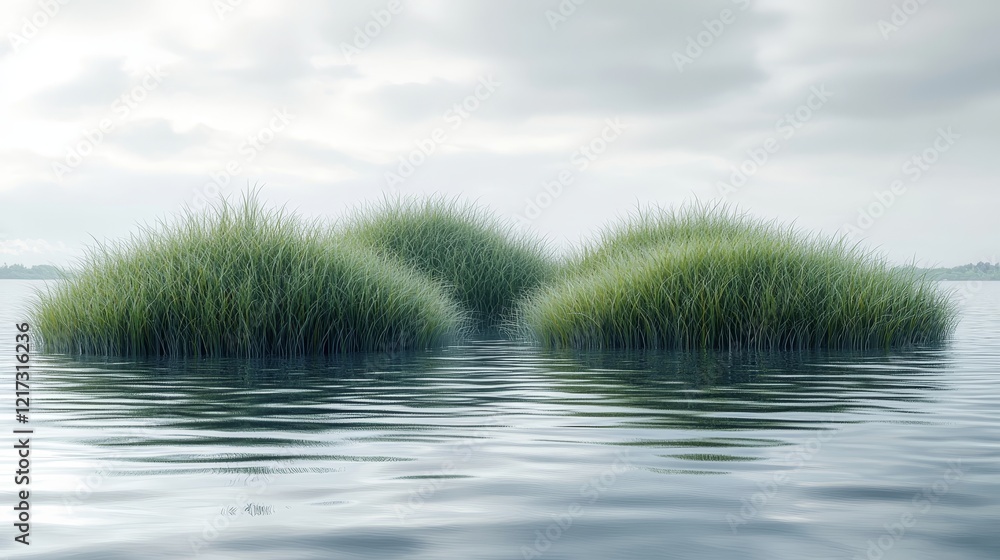 Aufkleber a surreal 3d landscape scene includes a podium standing in water amid green grass. the backdrop is a