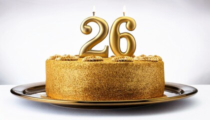 Decorated gold cake for birthday or anniversary party, candle number 26, white background