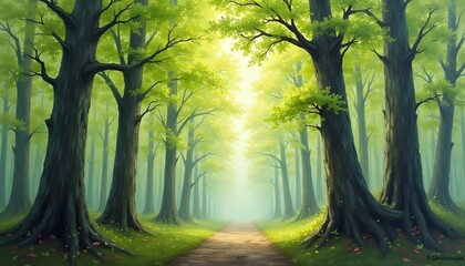 Naklejka premium Enchanting forest path with towering trees bathed in a soft ethereal light creates a serene atmosphere