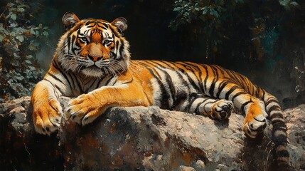 Obraz premium Majestic tiger resting on rock, jungle backdrop, wildlife conservation
