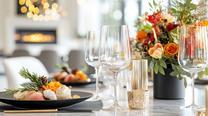 Fototapeta premium Romantic dining setup with elegant glassware and a vibrant flower arrangement, perfect for Valentine's Day celebrations and dinners with your loved one, creating a warm and inviting atmosphere.