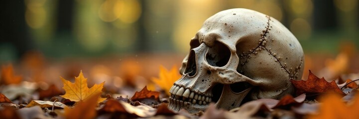 Fungal growths sprout from a skull amidst autumn leaves, fungi, nature