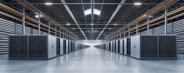battery storage efficiency grid concept. Modern data center interior with rows of servers