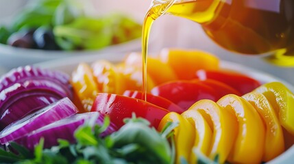 fresh colorful vegetables drizzled with olive oil for healthy cooking