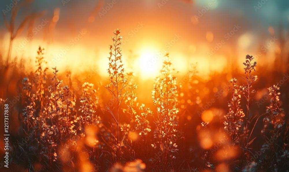 Poster wild grass in a forest clearing bathes in the golden hues of sunset. captured in macro, with a shall