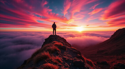 Traveler on mountain top. Fantastic wallpaper with hiker enjoying vibrant sunset on steep hill