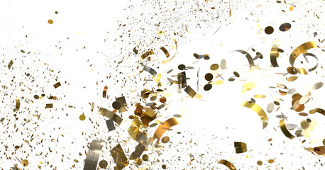 Celebrate with this stunning image of golden confetti exploding on white. Perfect for party...