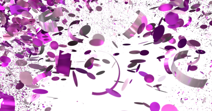Falling purple and silver confetti. Festive backdrop for party invitations, celebrations, and events.
