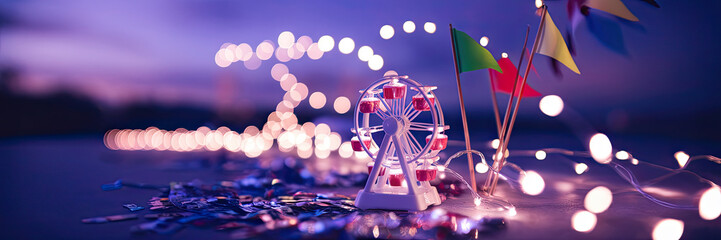 Fototapeta premium Miniature Ferris Wheel Fairy Lights Festive Flags Night Scene