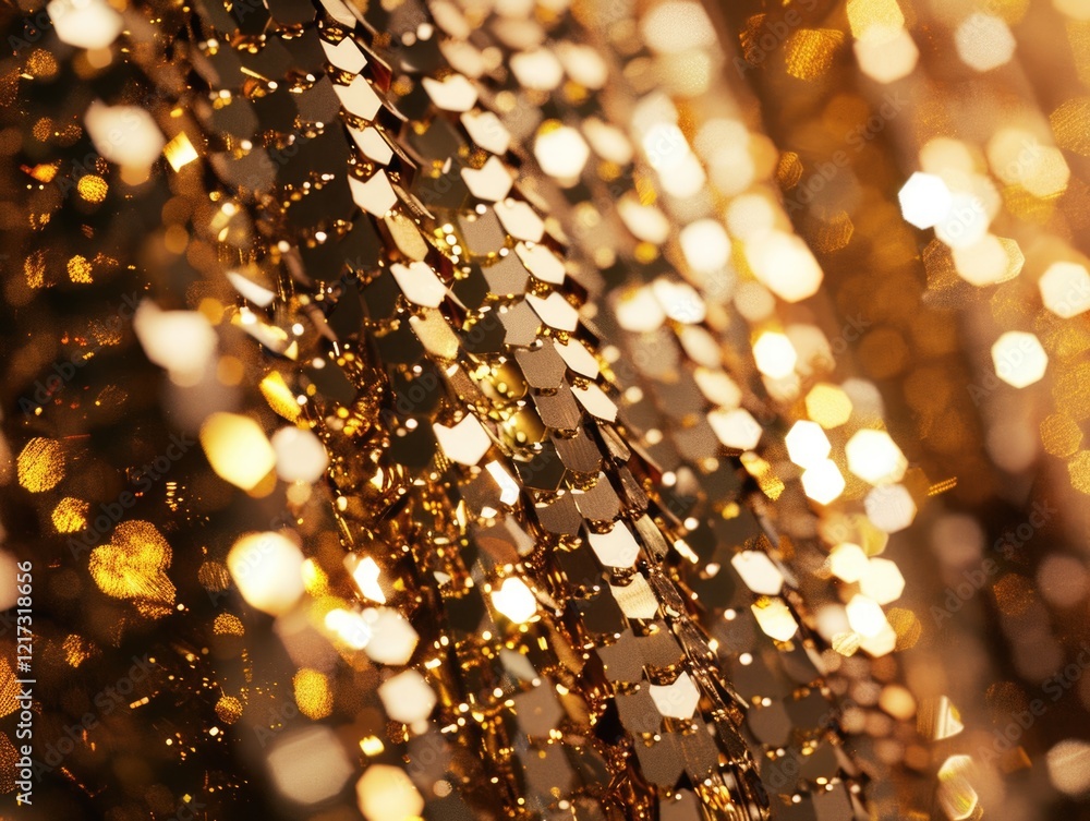 Aufkleber a gold and silver fabric with a pattern of squares and triangles. the fabric is shiny and has a glit