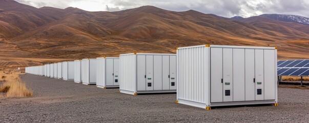 battery storage efficiency grid concept. Energy storage containers in a landscape setting