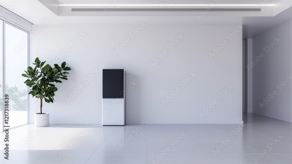 Poster battery storage efficiency grid concept. modern empty room with minimal decor