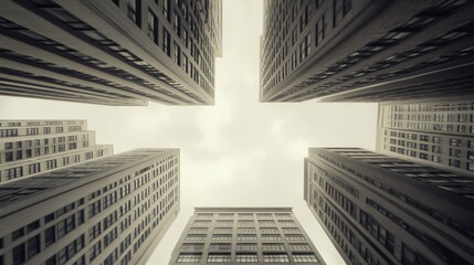 Aerial view of towering skyscrapers reaching towards a cloudy sky in an urban setting
