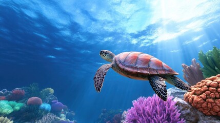 Obraz premium a vivid coral reef teeming with colorful fish, sea turtles, and vibrant coral formations