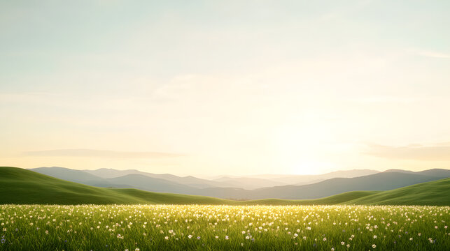 A serene spring meadow with wildflowers scattered across rolling green hills. The sky is bright and clear, dotted with soft white clouds. A gentle breeze causes the flowers to sway, creating a