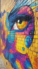 Colorful street art merges vibrant patterns on urban brick wall with green plant at the base