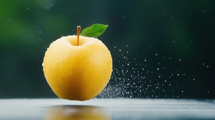 an apple falling in slow motion, motion blur effect, clear focus on the apple, soft natural lighting