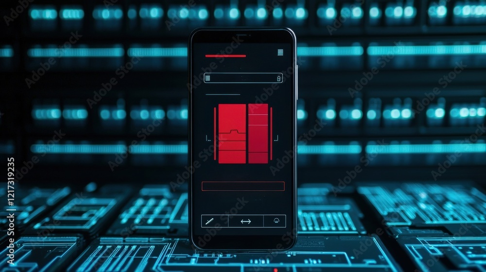 Poster battery storage efficiency grid concept. smartphone on digital interface with red design