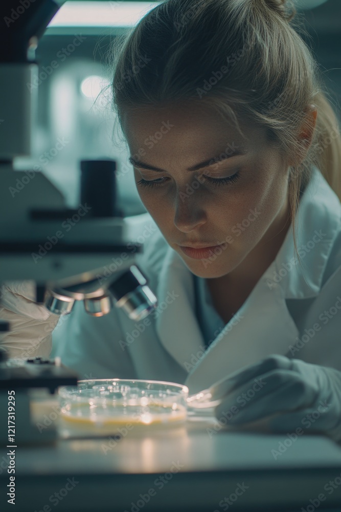 Poster this is a scientist working in the lab, closely examining cells under a microscope.