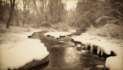 Frozen stream beginning to flow in morning light