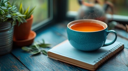 Cozy morning with tea by the window surrounded by plants in a serene setting