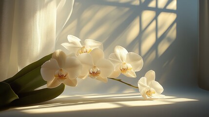 Obraz na płótnie Canvas White orchids in elegant display with soft lighting on textured background
