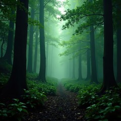 Naklejka premium Dark forest with dense foliage and misty atmosphere, nature, eerie