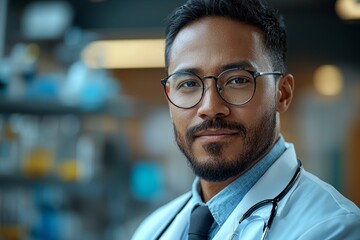 Obraz premium A scientist plans and conducts research using digital innovation and data, reading in a laboratory. An Asian male, doctor, and IT expert focuses on advanced medical studies in pharma and healthcare