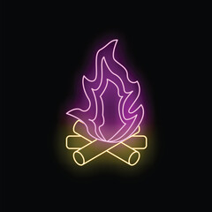 Neon sign showing a bonfire with purple flames burning over yellow logs, on a black background