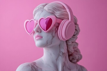 Marble Bust with Modern Accessories on Pink Background