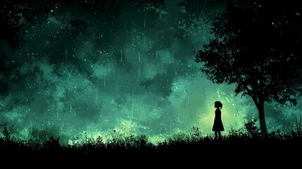 Fototapeta premium In the heart of a night forest, a person’s silhouette is illuminated by a glowing light