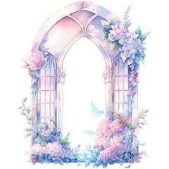 Fairy Castle Window with Flowers Illustration Vector Watercolor Clipart
