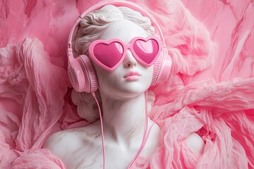 Marble Bust with Modern Accessories on Pink Background