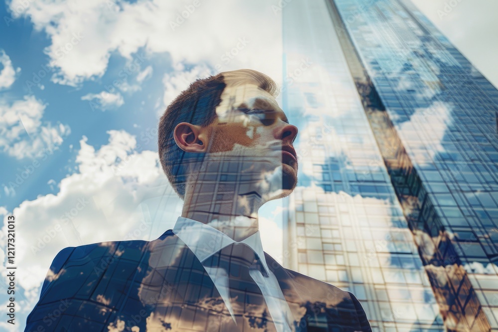 Poster a man in a suit is looking up at the sky, with a building in the background. the image has a sense o