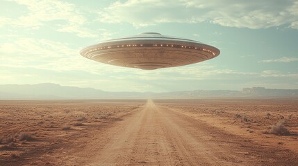 In a haunting scene, an unidentifiable flying object glides silently above a desolate desert peppered with majestic mountains