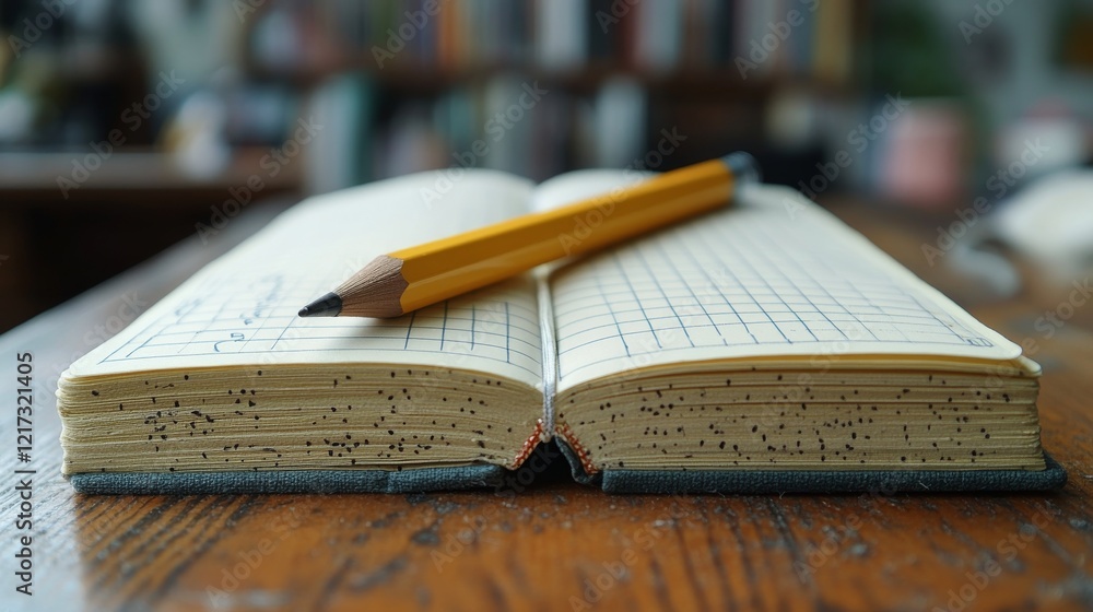Poster close-up of an orange pencil resting on a grid notebook page with soft lighting in a study space