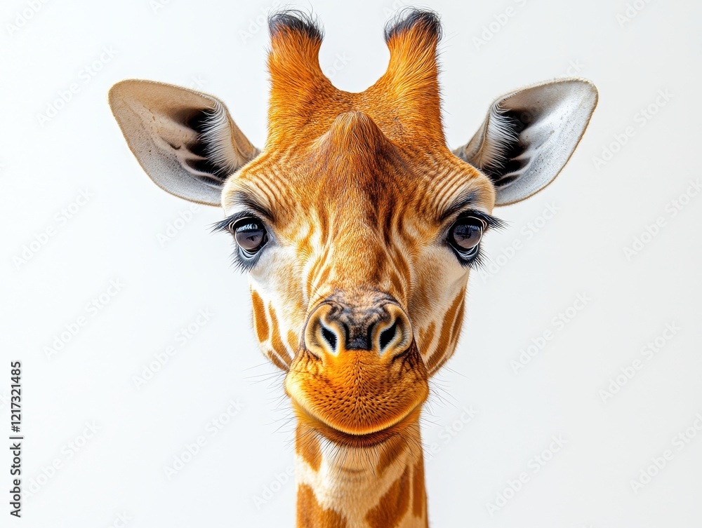 Poster close-up of a giraffe's face with expressive features against a plain background.