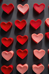 Red marmalade hearts on a black background. Vertical background for Birthday and Valentine's Day.