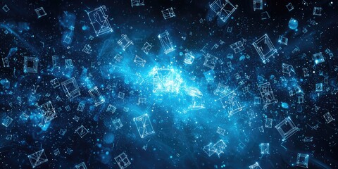 Mathematical symbols floating in a digital blue space.