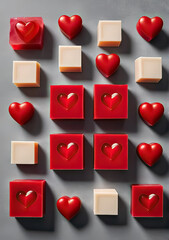 Red marmalade squares and hearts on a gray background. Vertical background for Birthday and Valentine's Day.