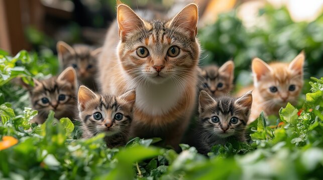 Cat mother protecting kittens in garden greenery