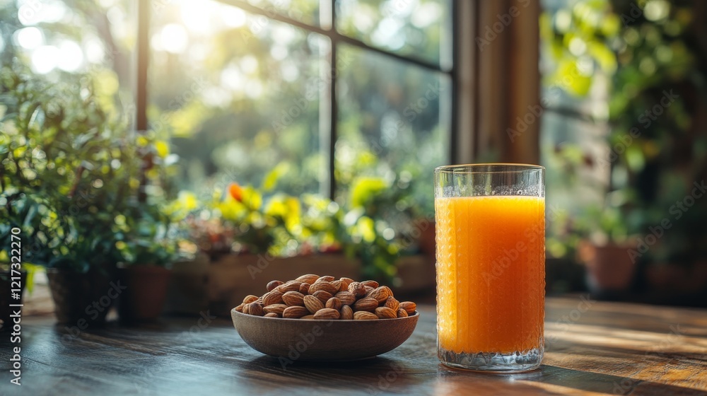 Poster refreshing fruit juice with mixed berries and nuts on a rustic table setting