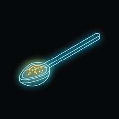 Bright neon spoon containing brown sugar granules, glowing on a dark background